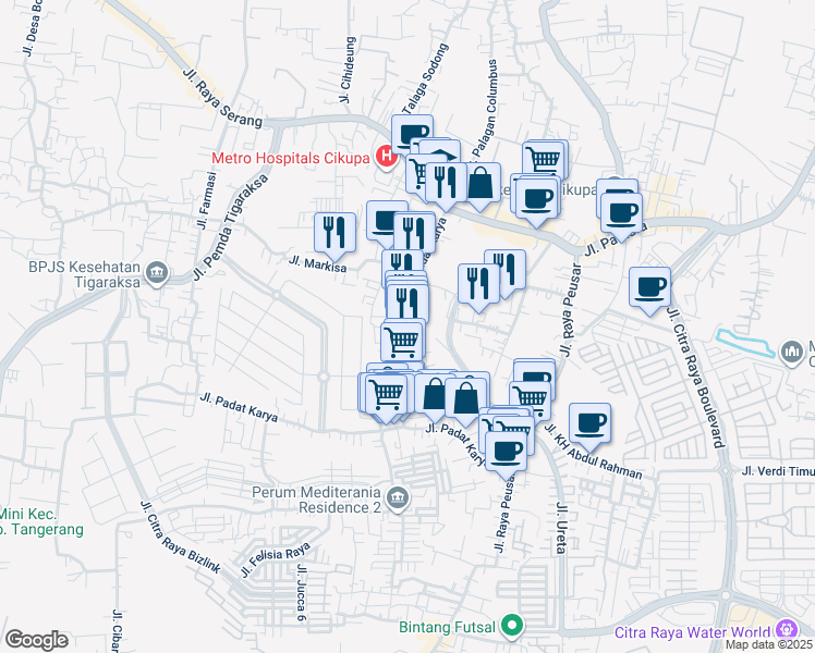 map of restaurants, bars, coffee shops, grocery stores, and more near Jalan Padat Karya in Tangerang