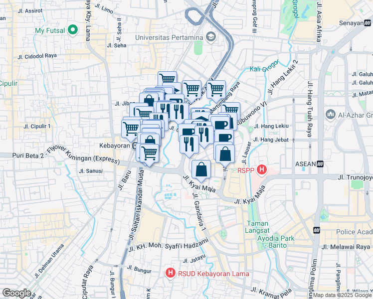 map of restaurants, bars, coffee shops, grocery stores, and more near 57 Jalan Pakubuwono VI in Kota Jakarta Selatan