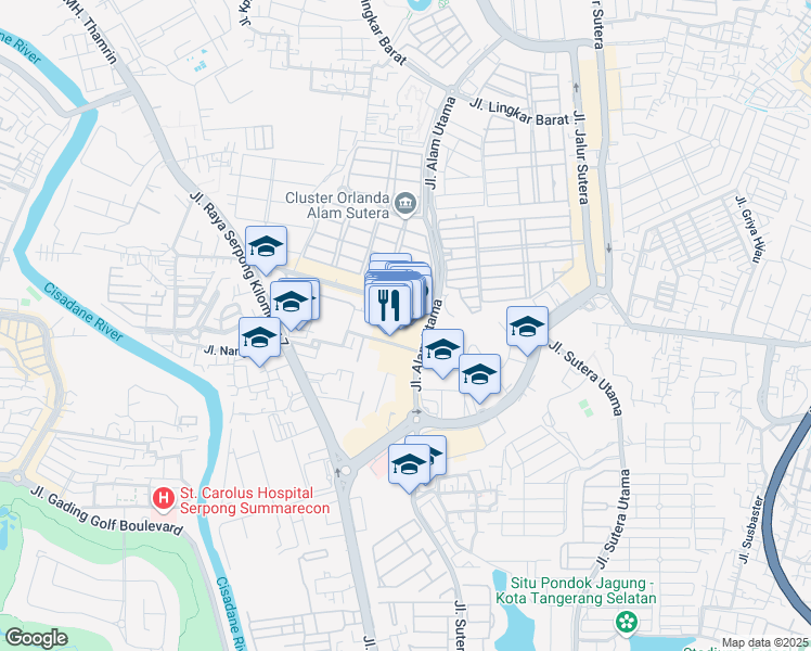 map of restaurants, bars, coffee shops, grocery stores, and more near Kav-2 Jalan Alam Utama in Kota Tangerang Selatan