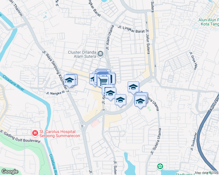 map of restaurants, bars, coffee shops, grocery stores, and more near Kav-2 Jalan Alam Utama in Kota Tangerang Selatan