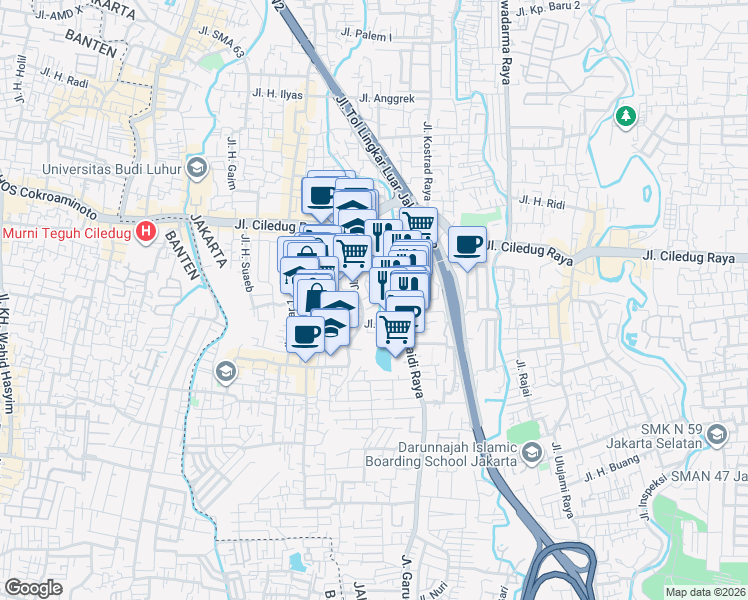 map of restaurants, bars, coffee shops, grocery stores, and more near 55 Jalan Kemajuan in Kota Jakarta Selatan