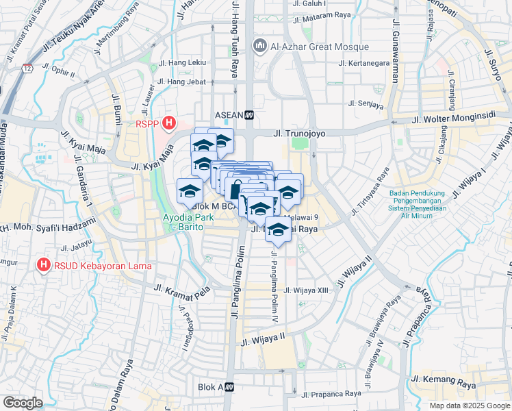 map of restaurants, bars, coffee shops, grocery stores, and more near Jalan Melawai 6 Gate in Djakarta