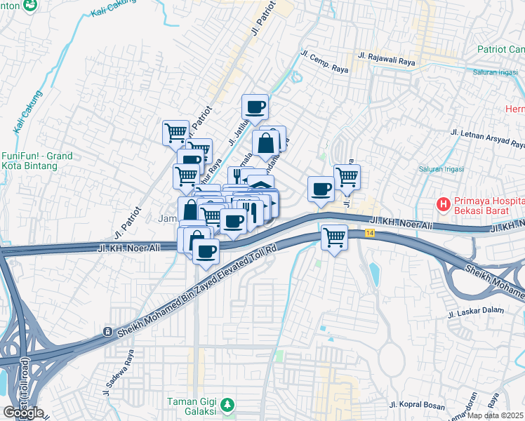 map of restaurants, bars, coffee shops, grocery stores, and more near 30 Jalan Kenanga Raya in Kota Bekasi