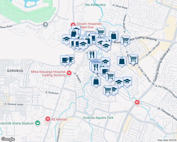 map of restaurants, bars, coffee shops, grocery stores, and more near 12 Jalan Kelapa Lilin 11 in Tangerang