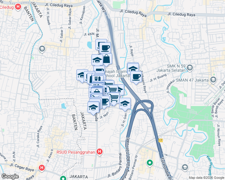map of restaurants, bars, coffee shops, grocery stores, and more near 3 Jalan Meriah in Kota Jakarta Selatan