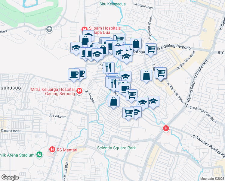 map of restaurants, bars, coffee shops, grocery stores, and more near 12 Jalan Kelapa Lilin 11 in Kabupaten Tangerang