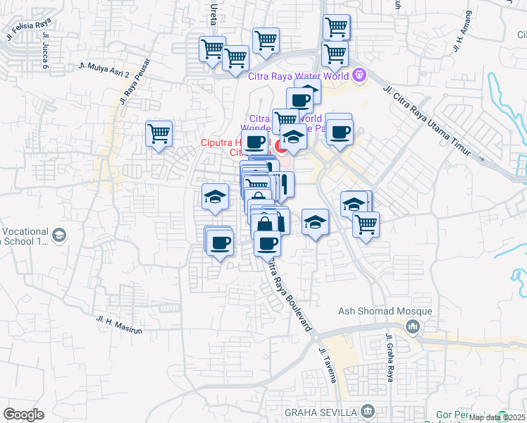 map of restaurants, bars, coffee shops, grocery stores, and more near Unnamed Road in Tangerang