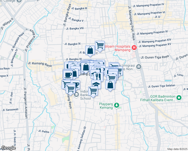 map of restaurants, bars, coffee shops, grocery stores, and more near Jalan Kemang Utara in Kota Jakarta Selatan