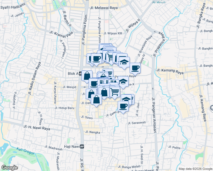 map of restaurants, bars, coffee shops, grocery stores, and more near Jalan Darmawangsa-X in Kota Jakarta Selatan