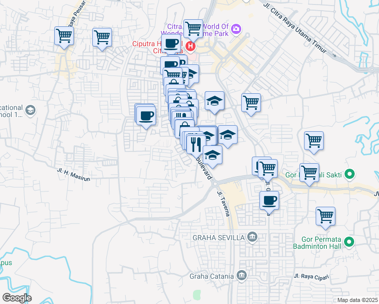 map of restaurants, bars, coffee shops, grocery stores, and more near Jalan Citra Raya Boulevard in Tangerang