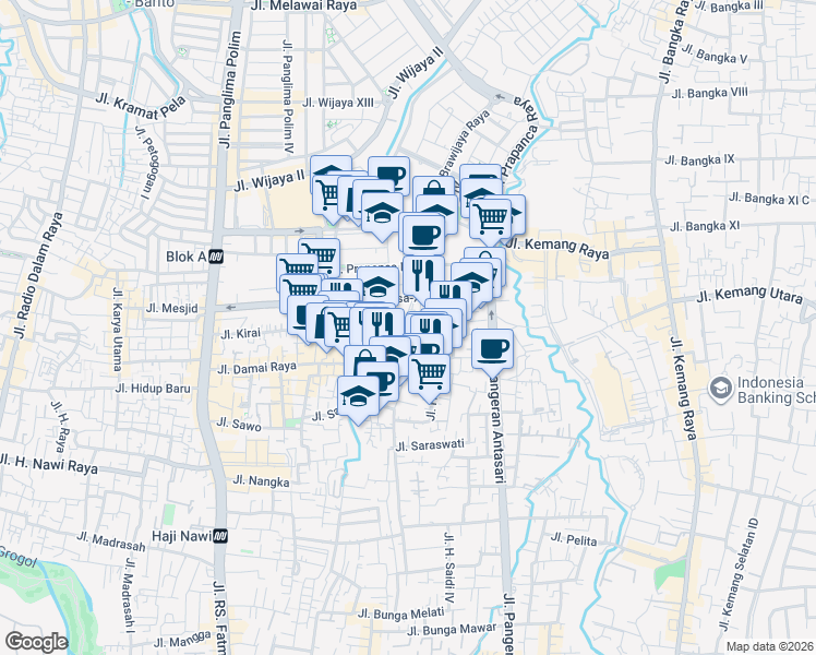 map of restaurants, bars, coffee shops, grocery stores, and more near Jalan Darmawangsa-X in Kota Jakarta Selatan