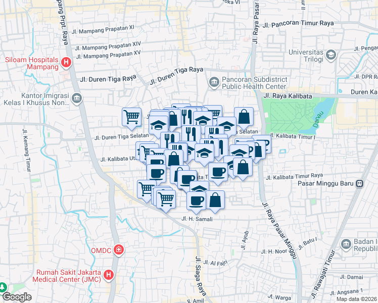 map of restaurants, bars, coffee shops, grocery stores, and more near 37 Jalan Kalibata Raya in South Jakarta