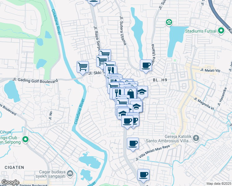 map of restaurants, bars, coffee shops, grocery stores, and more near Jalan Raya Serpong in Kota Tangerang Selatan