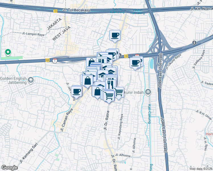map of restaurants, bars, coffee shops, grocery stores, and more near 87 Jalan Rasamala in Kota Bekasi