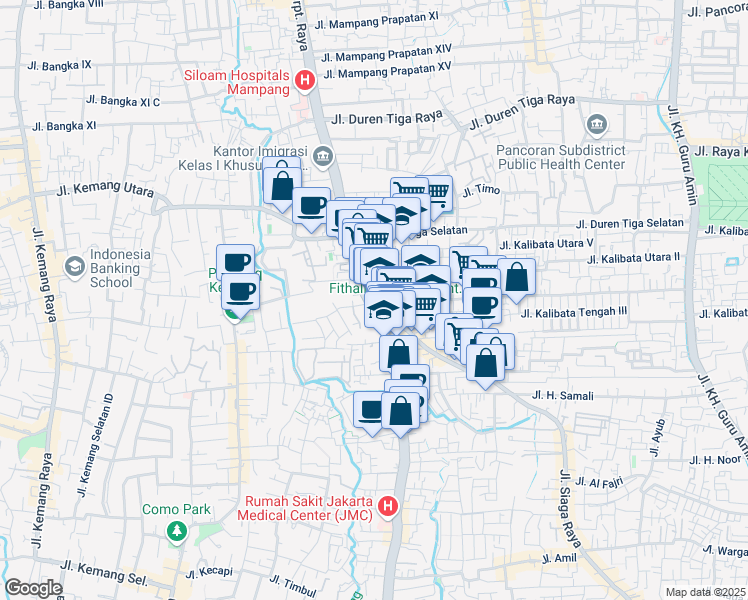 map of restaurants, bars, coffee shops, grocery stores, and more near Jalan Kalibata Tengah in South Jakarta