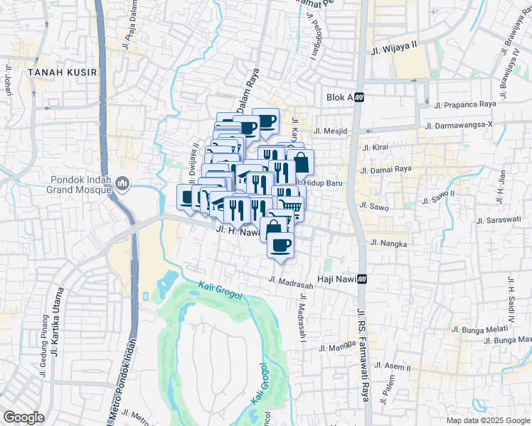 map of restaurants, bars, coffee shops, grocery stores, and more near 7 Jalan Haji Nawi Raya in South Jakarta