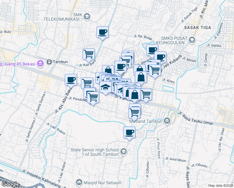 map of restaurants, bars, coffee shops, grocery stores, and more near 86 Jalan Sultan Hasanudin in Kabupaten Bekasi