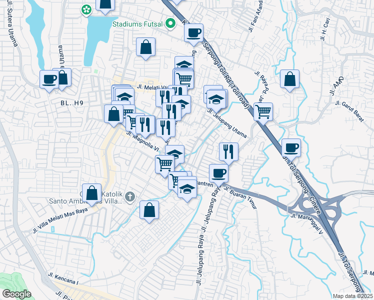 map of restaurants, bars, coffee shops, grocery stores, and more near 8 Jalan Kompleks Regensi Melati Mas in Kota Tangerang Selatan