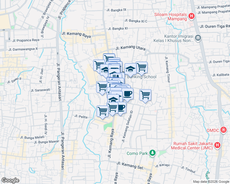 map of restaurants, bars, coffee shops, grocery stores, and more near Jalan Kemang Raya in Kota Jakarta Selatan