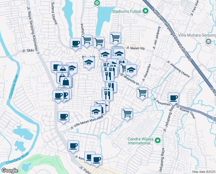 map of restaurants, bars, coffee shops, grocery stores, and more near 14 Jalan Melati Raya in Tangerang Selatan