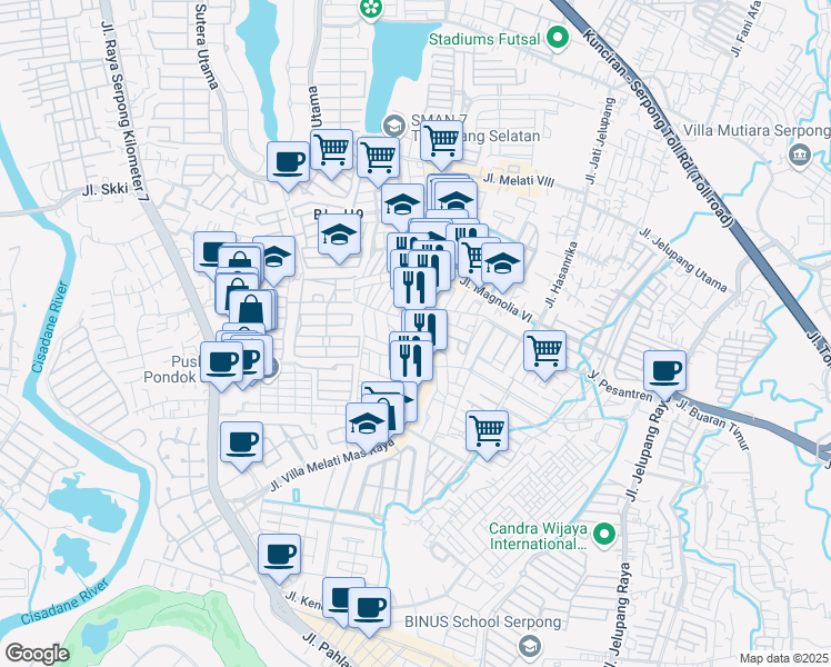 map of restaurants, bars, coffee shops, grocery stores, and more near 14 Jalan Taman Kedaung Raya in Kota Tangerang Selatan