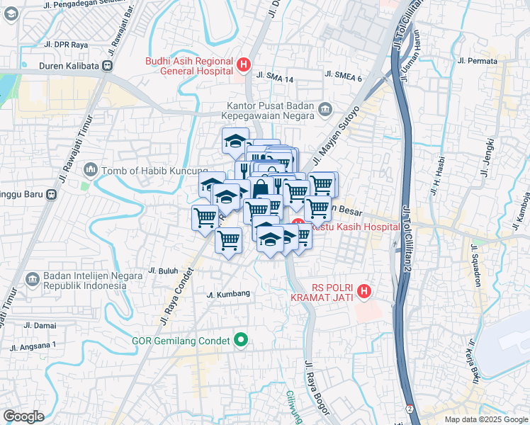 map of restaurants, bars, coffee shops, grocery stores, and more near 39 Jalan Raya Condet in Kota Jakarta Timur
