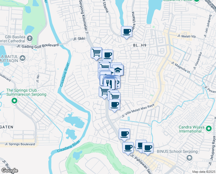 map of restaurants, bars, coffee shops, grocery stores, and more near 5873 Jalan Raya Serpong in Kota Tangerang Selatan