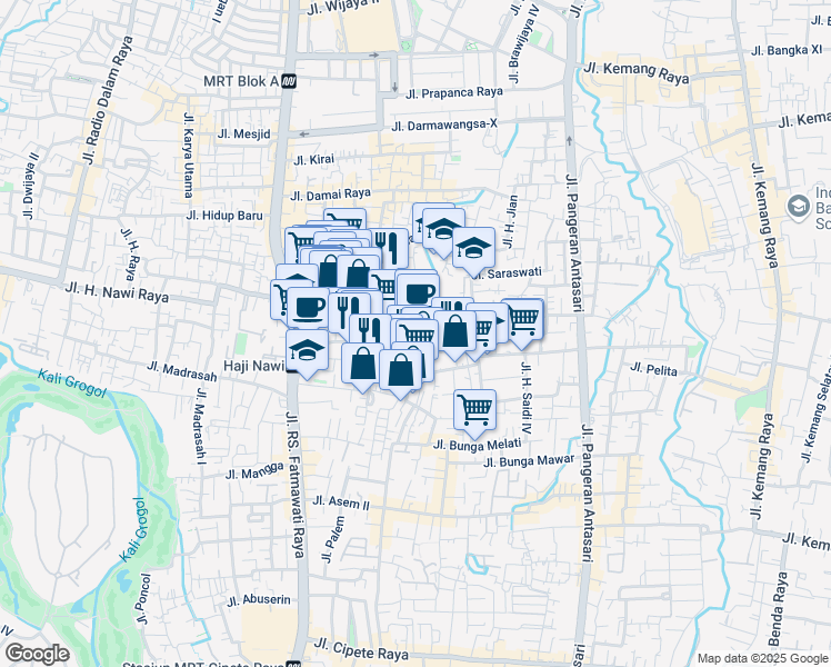 map of restaurants, bars, coffee shops, grocery stores, and more near Jalan Haji Saidi I in Kota Jakarta Selatan