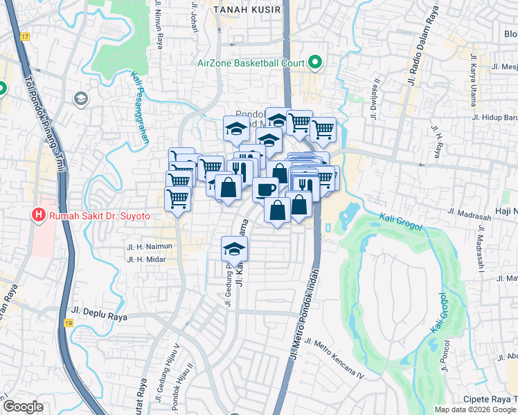 map of restaurants, bars, coffee shops, grocery stores, and more near Jalan Alam Elok 6 in Jakarta