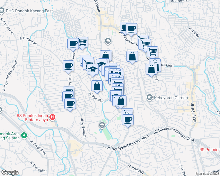 map of restaurants, bars, coffee shops, grocery stores, and more near 15 Jalan Jombang Raya in South Tangerang