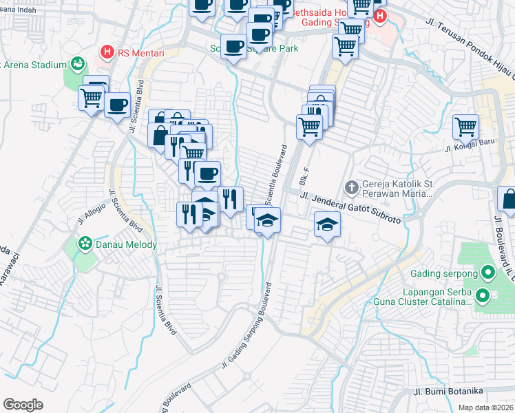 map of restaurants, bars, coffee shops, grocery stores, and more near 16 Tesla Selatan 3 in Kabupaten Tangerang
