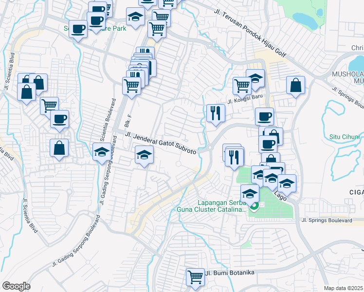 map of restaurants, bars, coffee shops, grocery stores, and more near Jalan Jenderal Gatot Subroto in Tangerang