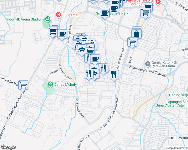 map of restaurants, bars, coffee shops, grocery stores, and more near 57 Jalan Kampung Medang in Kabupaten Tangerang