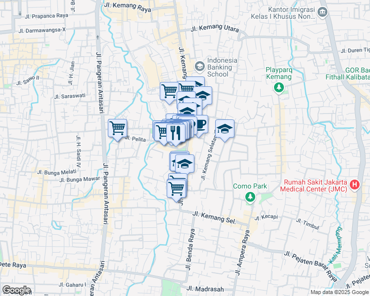 map of restaurants, bars, coffee shops, grocery stores, and more near Jalan Kemang Raya in Kota Jakarta Selatan