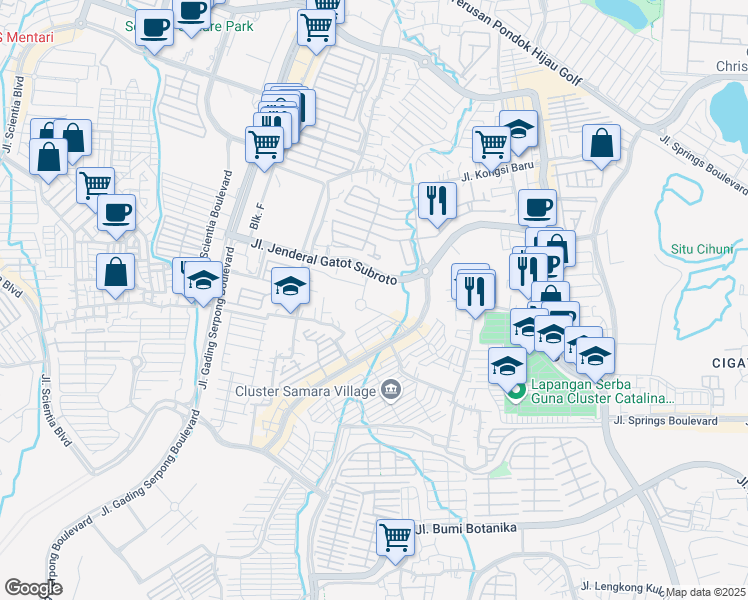 map of restaurants, bars, coffee shops, grocery stores, and more near Jalan Jenderal Gatot Subroto in Tangerang