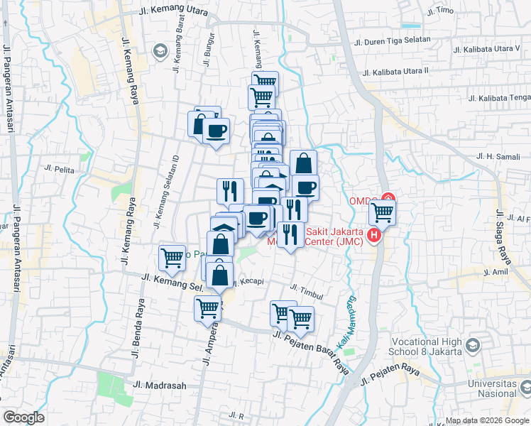 map of restaurants, bars, coffee shops, grocery stores, and more near 78 Jalan Kemang Timur in Kota Jakarta Selatan