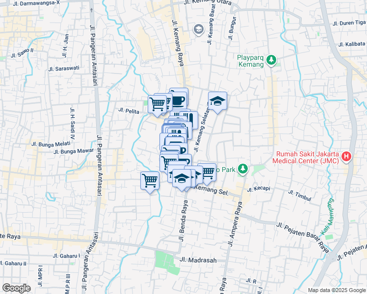 map of restaurants, bars, coffee shops, grocery stores, and more near 83F Jalan Kemang Raya in Kota Jakarta Selatan