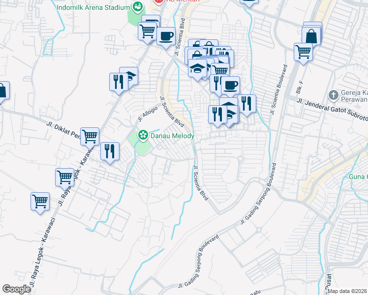 map of restaurants, bars, coffee shops, grocery stores, and more near Jalan Strozzi Barat III in Kabupaten Tangerang