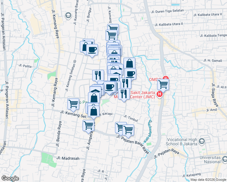 map of restaurants, bars, coffee shops, grocery stores, and more near 78 Jalan Kemang Timur in Kota Jakarta Selatan