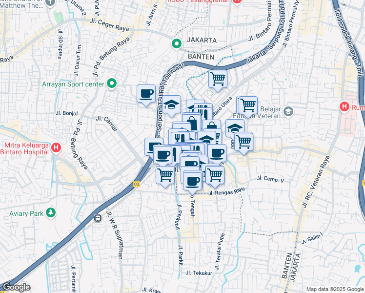 map of restaurants, bars, coffee shops, grocery stores, and more near Jalan Bintaro Utara in Kota Jakarta Selatan