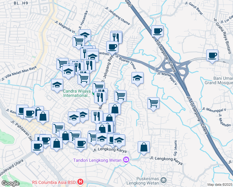 map of restaurants, bars, coffee shops, grocery stores, and more near Jalan Serpong Park Blvd in Kota Tangerang Selatan