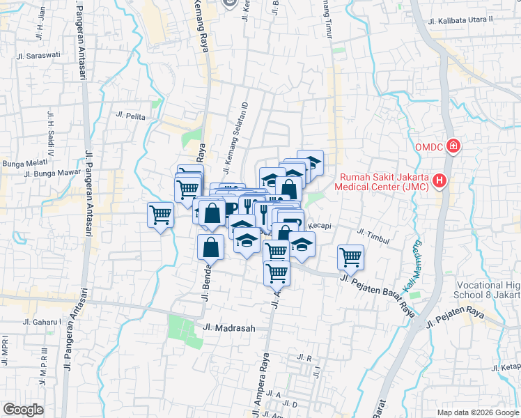 map of restaurants, bars, coffee shops, grocery stores, and more near 105A Jalan Kemang Selatan in Kota Jakarta Selatan