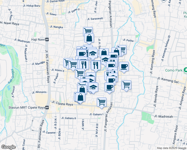 map of restaurants, bars, coffee shops, grocery stores, and more near 118 Jalan Puri Sakti Buntu 1 in South Jakarta