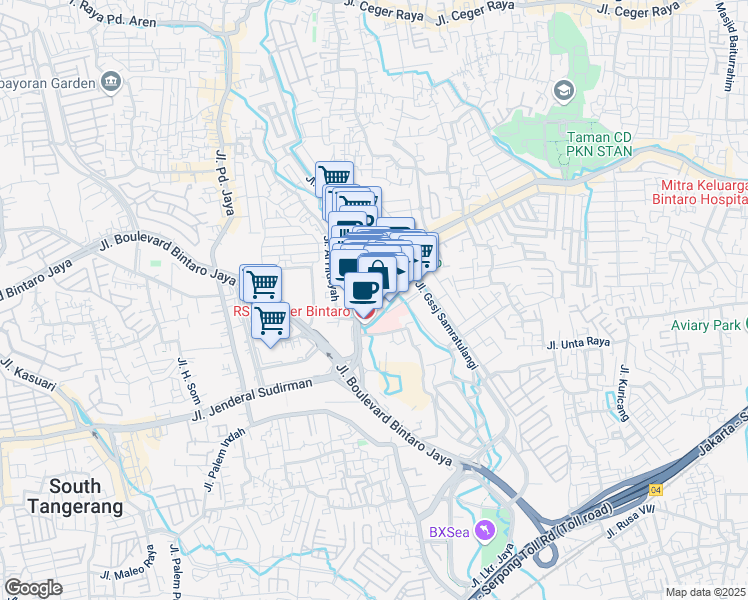 map of restaurants, bars, coffee shops, grocery stores, and more near Jalan Muhammad Husni Thamrin in Kota Tangerang Selatan