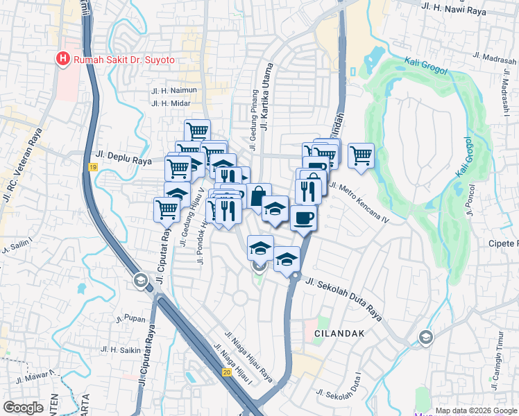 map of restaurants, bars, coffee shops, grocery stores, and more near Jalan Alam Asri 10 in Jakarta