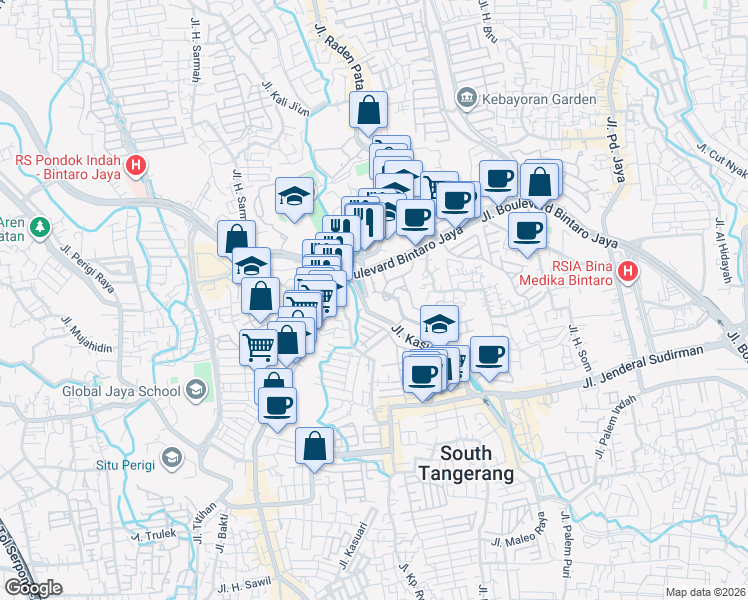 map of restaurants, bars, coffee shops, grocery stores, and more near Jalan Graha Bintaro in Kota Tangerang Selatan
