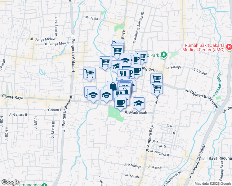map of restaurants, bars, coffee shops, grocery stores, and more near 18a Jalan Benda Bawah in Kota Jakarta Selatan