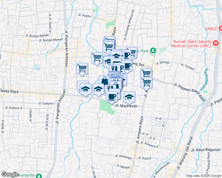 map of restaurants, bars, coffee shops, grocery stores, and more near 18a Jalan Benda Bawah in Kota Jakarta Selatan