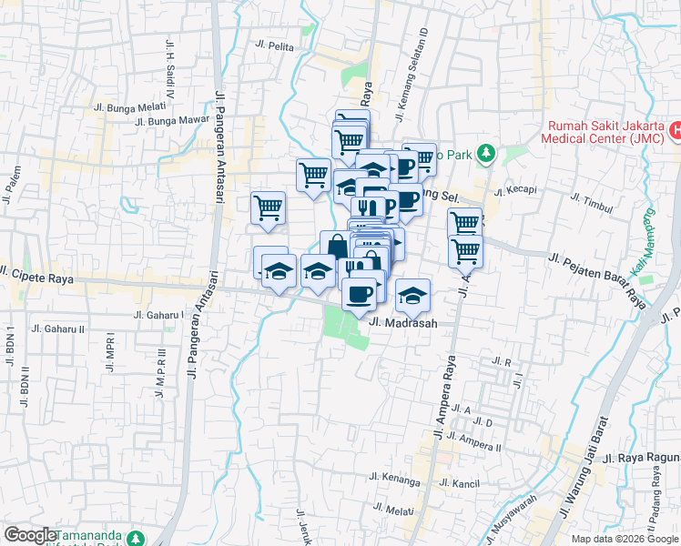 map of restaurants, bars, coffee shops, grocery stores, and more near 18a Jalan Benda Bawah in Kota Jakarta Selatan