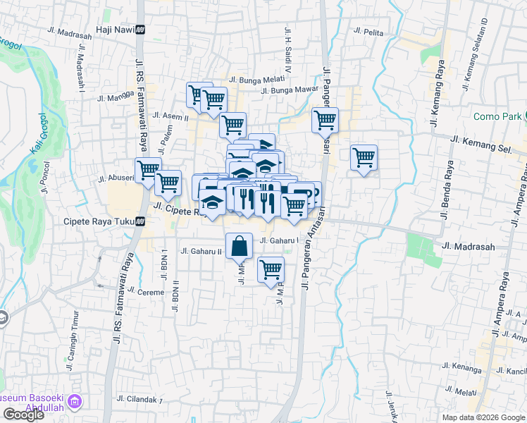 map of restaurants, bars, coffee shops, grocery stores, and more near 8F Jalan Cipete Raya in Kota Jakarta Selatan